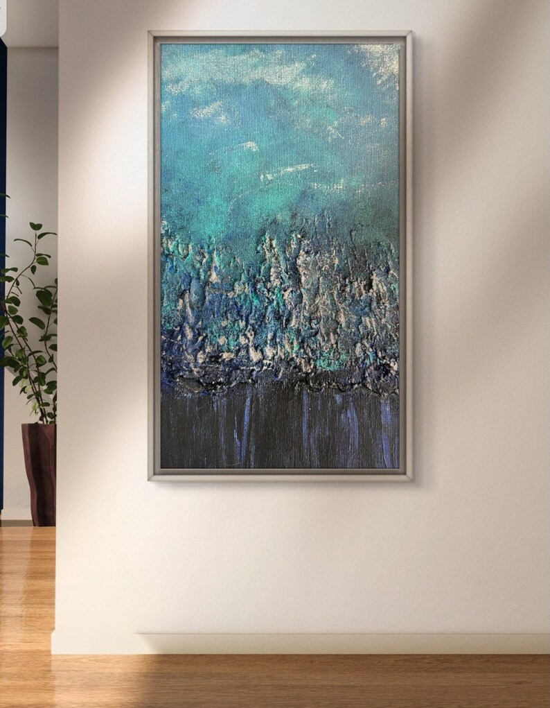 Strukturierte blaue Wanddekoration, abstrakte Natur, Wandkunst, Acrylgemälde, Leinwand, Wanddeko, handgefertigte Bergästhetische Wandmalerei, einzigartiges Geschenk Bild 2