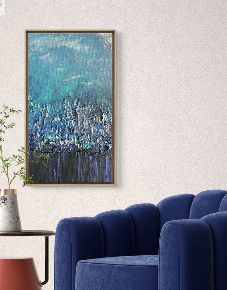 Strukturierte blaue Wanddekoration, abstrakte Natur, Wandkunst, Acrylgemälde, Leinwand, Wanddeko, handgefertigte Bergästhetische Wandmalerei, einzigartiges Geschenk Bild 1
