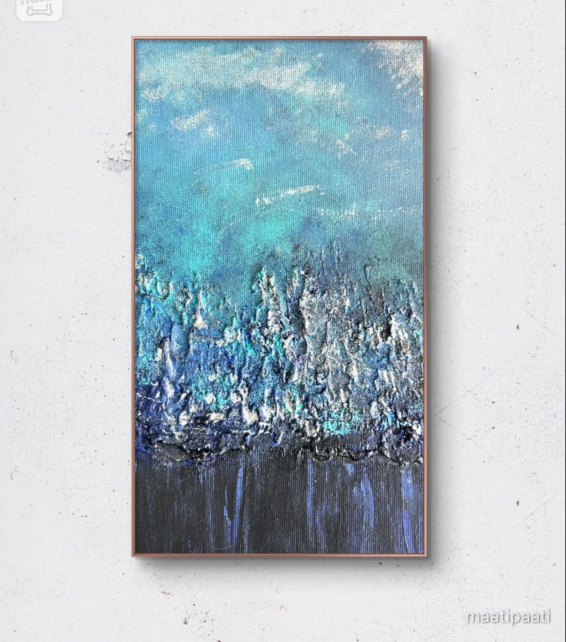 Strukturierte blaue Wanddekoration, abstrakte Natur, Wandkunst, Acrylgemälde, Leinwand, Wanddeko, handgefertigte Bergästhetische Wandmalerei, einzigartiges Geschenk Bild 5