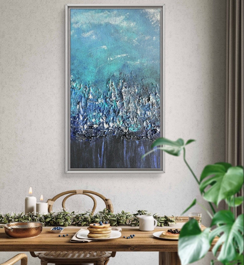 Strukturierte blaue Wanddekoration, abstrakte Natur, Wandkunst, Acrylgemälde, Leinwand, Wanddeko, handgefertigte Bergästhetische Wandmalerei, einzigartiges Geschenk Bild 4