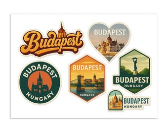 Budapest Hungary Travel Sticker Sheet - 6 Vintage Style Souvenir Stickers with Parliament Building Chain Bridge Landmarks