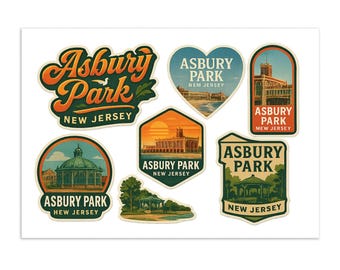 Asbury Park New Jersey Sticker Sheet - 7 Vintage Travel Stickers Featuring Iconic Landmarks and Boardwalk Scenery