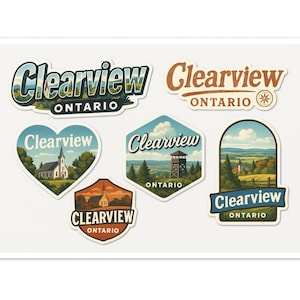 May include: A set of Clearview, Ontario stickers in diverse shapes. Designs showcase a church, a lookout tower, and scenic landscapes. The stickers display the text "Clearview Ontario" in varied fonts and colours, with a vintage style.