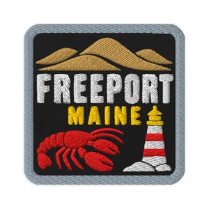 Broderad lapp med souvenirmotiv från Freeport Maine, hummerfyr - fyrkantig, oval eller rund form, stryk-på, sy-på, samlarobjekt