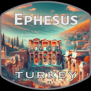 Può includere: Un'illustrazione digitale di Efeso, Turchia, con la Biblioteca di Celso. L'immagine ha un bordo arrotondato e include il testo "Ephesus" e "Turkey" in lettere bianche. Lo sfondo mostra montagne e un cielo blu.