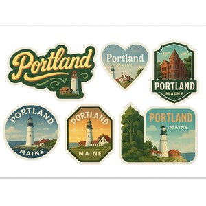 Portland Maine Sticker Sheet - 6 Vintage Travel Stickers Featuring Lighthouses and Historic Architecture