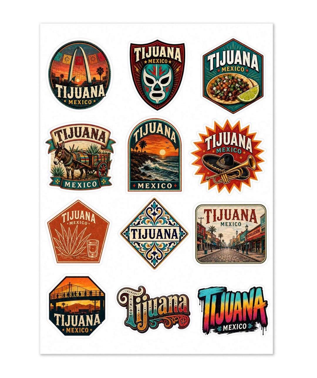 Tijuana Lettering Tijuana Mexico Vintage Style Sticker Sheet – 12 Pack Kiss-cut Vinyl ...