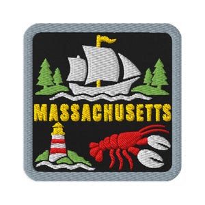Broderad lapp med hummer från Massachusetts, USA, sy-på - fyrkantig, oval eller rund form, stryk-på, samlarobjekt