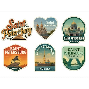 Puede incluir: Un conjunto de seis pegatinas con ilustraciones de San Petersburgo, Rusia. Las pegatinas muestran monumentos y paisajes urbanos, con las palabras "Saint Petersburg" y "Russia" en varios diseños y formas.