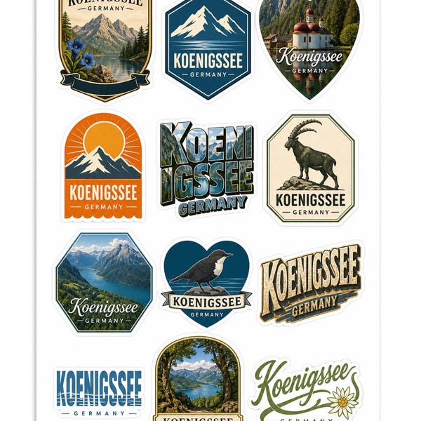 Koenigssee Germany Vintage Illustrated Souvenir Sticker Sheet - 12 Pack Travel Decals - Approx. 1.5 Inches Each