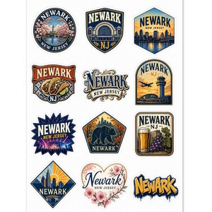 Hoja de pegatinas de recuerdo de Newark, Nueva Jersey – Paquete de 12 pegatinas ilustradas para viajes