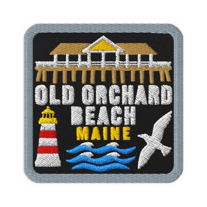 Broderad lapp med souvenirmotiv från Old Orchard Beach, Maine fyr - fyrkantig, oval eller rund form, stryk-på, sy-på, samlarobjekt