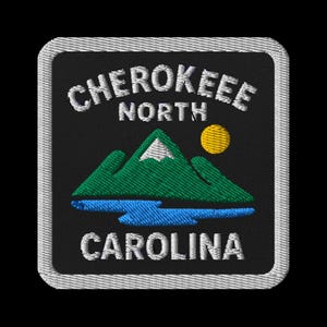 Cherokee North Carolina Embroidered Patch - Mountain Souvenir Travel Memento Square Badge with Grey Border