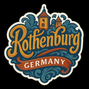 Peut inclure: Un autocollant décoratif avec le mot "Rothenburg" en script orange, et "GERMANY" sur une bannière. Le design comprend des accents bleu sarcelle et orange, et des illustrations de bâtiments.