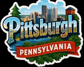 Op de afbeelding: Een kleurrijke sticker met de stad Pittsburgh, Pennsylvania. Het ontwerp omvat de skyline van de stad, een rivier en de tekst "Pittsburgh" in een gestileerd lettertype, met "Pennsylvania" op een rood spandoek.