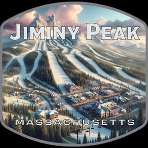 May include: A scenic oval sticker featuring a winter landscape of Jiminy Peak in Massachusetts. The image shows ski slopes, snow-covered trees, and buildings. The text "JIMINY PEAK" and "MASSACHUSETTS" are displayed in white.