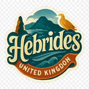 Puede incluir: Una pegatina de estilo vintage con el texto "Hebrides" en una fuente crema adornada. El diseño incluye un paisaje turquesa y azul con una cordillera, un pájaro y las palabras "United Kingdom" en una pancarta de color óxido.