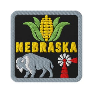 Nebraska USA Corn Bison Windmill Souvenir Embroidered Patch - Square Oval or Round Shapes Iron On Sew On Collectible