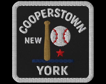 Cooperstown New York Baseball Embroidered Patch - Square Souvenir Travel Patch with Baseball Bat Design