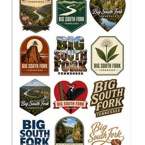 May include: A sticker sheet featuring twelve distinct designs related to Big South Fork, Tennessee. The stickers include various illustrations of river landscapes, rock formations, a woodpecker, a flower, and stylized typography of the location name.
