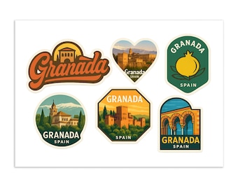 Granada Spain Sticker Sheet - 6 Travel Souvenir Stickers featuring Alhambra and Spanish Architecture