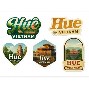 May include: A collection of five stickers featuring the word "Hue" and "Vietnam" in various designs. The stickers showcase illustrations of Vietnamese landmarks in shades of green, orange, and brown, with a vintage aesthetic.