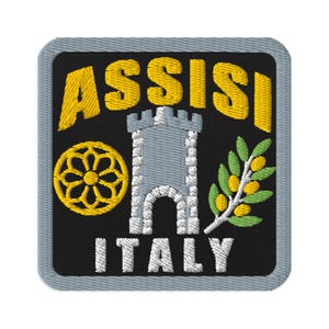 Assisi Italy Stone Tower Souvenir Embroidered Patch Iron On - Square Oval or Round Shapes Sew On Collectible