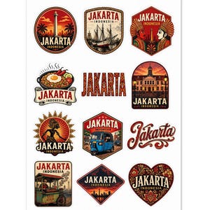 Könnte beinhalten: Ein Bogen mit Aufklebern zum Thema Jakarta, Indonesien. Die Aufkleber zeigen verschiedene Designs, darunter Wahrzeichen, Essen und Transportmittel. Die Farbpalette umfasst Rot, Orange, Blau und Gold. Das Wort "Jakarta" ist auf jedem Aufkleber prominent dargestellt.