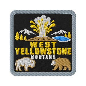 Broderad souvenirlapp för West Yellowstone, Montana, gejser - fyrkantig, oval eller rund form, stryk-på, sy-på, samlarobjekt