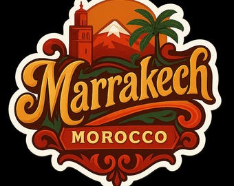 May include: A colorful sticker featuring the word "Marrakech" in gold script, with "Morocco" below. The design includes a tower, mountains, a palm tree, and a sunset in shades of orange, red, and brown, set against a black background.