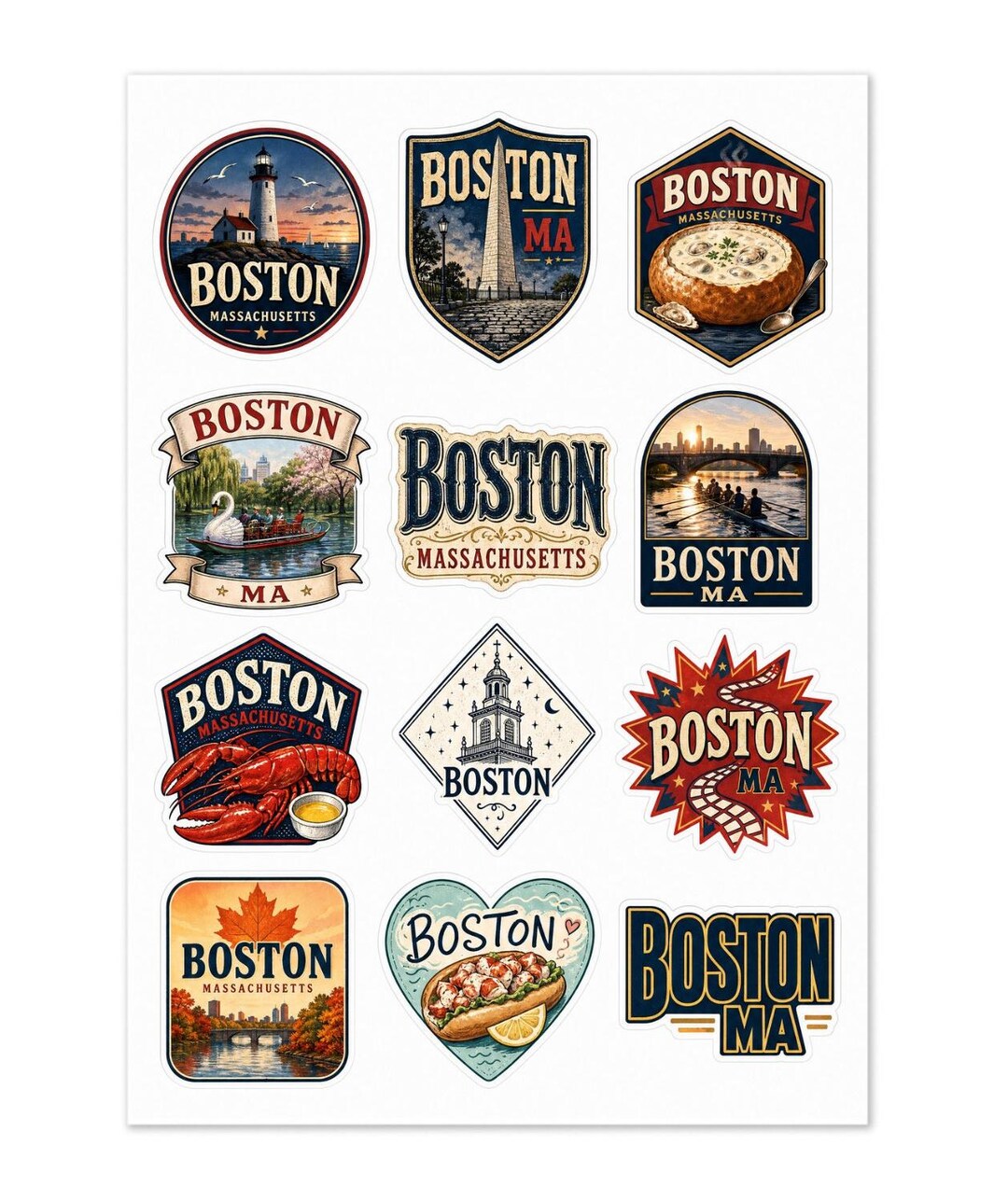 Boston Massachusetts 12 Pack Souvenir Sticker Sheet 1.5 Inch Kiss Cut ...