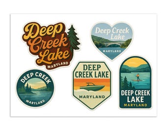 Deep Creek Lake Maryland Sticker Sheet - 5 Vintage Travel Decals Set Souvenir Collection