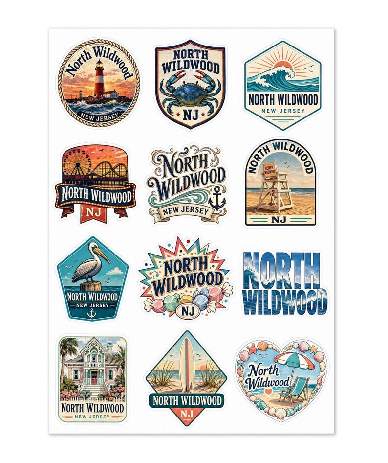 North Wildwood NJ Souvenir Sticker Sheet: Coastal Charm Designs (12 Pack) image 1