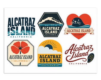 Planche de 6 autocollants souvenirs de l'île d'Alcatraz, Californie - Autocollants en vinyle pour ordinateur portable ou carnet - Environ 6,4 cm chacun