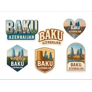 May include: A collection of six stickers featuring the city of Baku, Azerbaijan. The stickers showcase the city's skyline and landmarks in various shapes, including a heart, hexagon, and shield. The stickers are in shades of blue, brown, and beige.