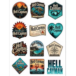 Pode incluir: Uma folha de autocolantes com o texto "Hell Cayman Islands" em vários designs. Os autocolantes apresentam ilustrações de um pôr do sol, uma tartaruga marinha, equipamento de snorkel, um sol, uma chama, um coração com palmeiras e uma bússola.