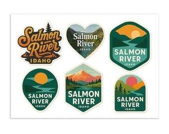Salmon River Idaho Sticker Sheet - 6 Outdoor Adventure Travel Stickers Featuring Mountain River Scenery and Idaho Wilderness