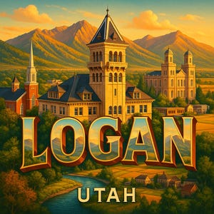 May include: An illustrated landscape featuring the word "LOGAN" in large, 3D lettering, with "UTAH" below. The scene includes buildings, a river, and mountains under a sunset sky. The buildings are in a variety of architectural styles.