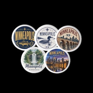 Conjunto de Pins de Lembrança de Minneapolis, Minnesota – Desenhos de Walleye, Loon, Ponte de Arco de Pedra, Cachoeira e Horizonte
