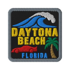 Daytona Beach Florida Wave Race Car Souvenir Embroidered Patch - Square Oval or Round Shapes Iron On Sew On Collectible