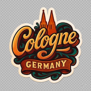 Könnte beinhalten: Ein Aufkleber mit dem Wort "Cologne" in orangefarbener Schrift und "Germany" in einem Banner. Das Design umfasst Illustrationen des Kölner Doms und dekorative Wirbel in Grün, Braun und Orange. Ein Reise-Design.