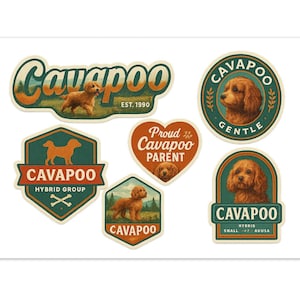 May include: A collection of Cavapoo stickers in various shapes, featuring illustrations of the dog breed. The stickers include text such as "Cavapoo," "Hybrid Group," and "Proud Cavapoo Parent." The color palette includes shades of brown, green, and orange.