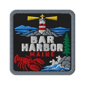 Broderad lapp med hummermotiv från Bar Harbor, Maine fyr - fyrkantig, oval eller rund form, stryk-på, sy-på, samlarobjekt