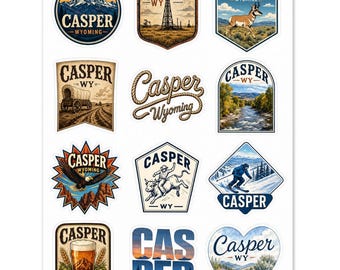 Cartela de adesivos de lembrança de Casper, Wyoming: 12 adesivos de vinil recortados individualmente.