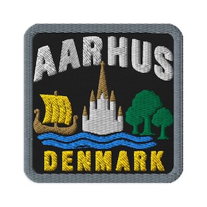 Aarhus Danmark Vikingaskepp Souvenir Broderad Tygmärke Stryk-på - Fyrkantig Oval eller Runda Former Sy-på Samlarobjekt