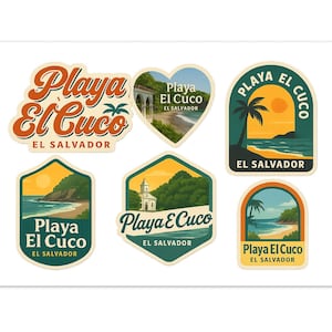 May include: A collection of six stickers featuring the text "Playa El Cuco" and "El Salvador." The stickers showcase beach scenes with palm trees, sunsets, and coastal views in various shapes, including a heart and a hexagon.