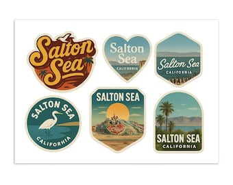 Feuille d'autocollants Salton Sea California - Lot de 6 autocollants de voyage vintage - Stickers souvenirs Desert Lake