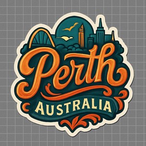 May include: A sticker featuring the city name "Perth" in orange script, with "Australia" below. The design includes a bridge, buildings, and birds against a teal background, with a white border.