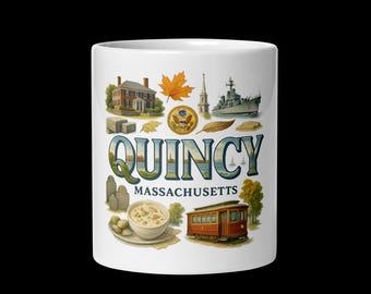 Caneca de cerâmica comemorativa de Quincy, Massachusetts - Caneca de café com lembrança de destino turístico histórico.