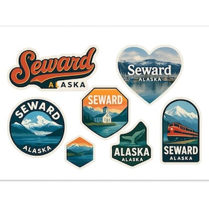 Seward Alaska Travel Sticker Sheet - Mountain, Harbor, and Wildlife Decals